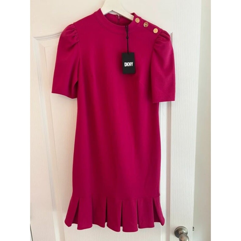 New DKNY Magenta Pink Puff Sleeve Mini Dress 4 Vibrant Chic Office Corporate NWT